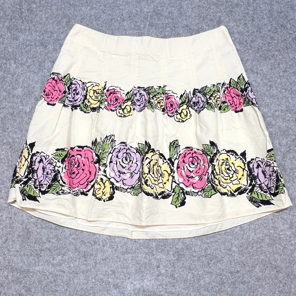 Ann Taylor LOFT Womens Floral Rose Print Cotton Mini Skirt Cream Pink Yellow 10